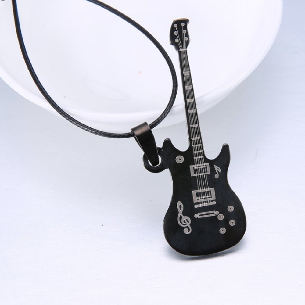 Unisex Stainless Steel Guitar Pendant Necklace (Black)